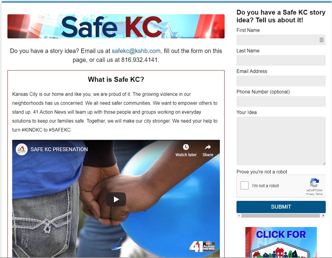 Screenshot of Safe KC webpage