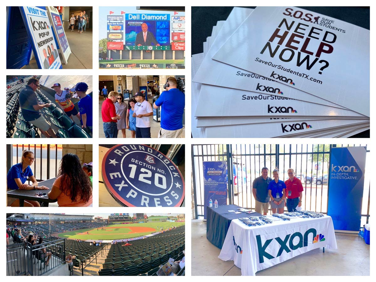 several images from the KXAN mobile newsroom at a baseball park