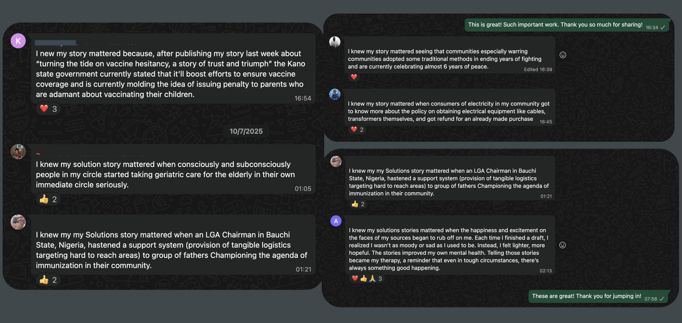 Screenshots of whatsapp group messages