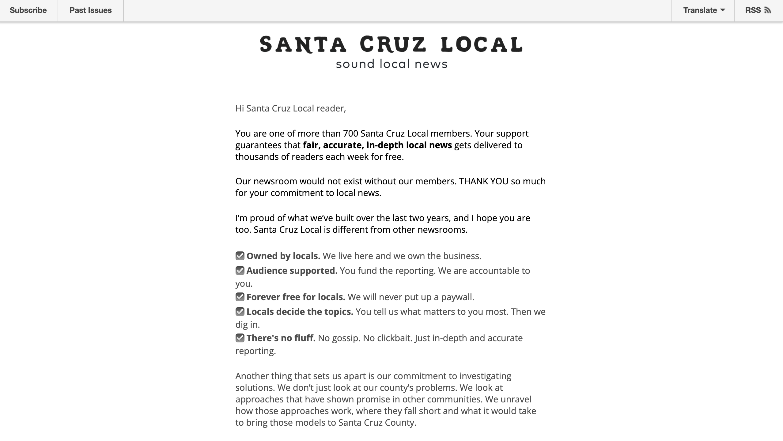 screenshot of Santa Cruz Local newsletter
