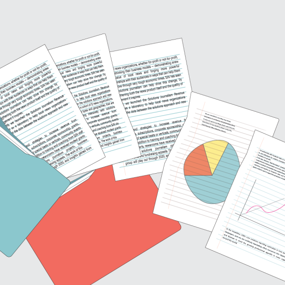 Illustration of papers, research, and a coffee mug