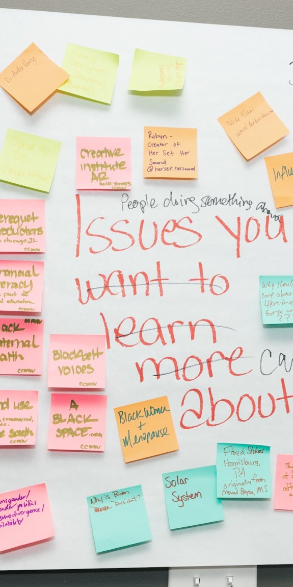 Sticky notes cover a page titled "Issues You Want to Learn More About"