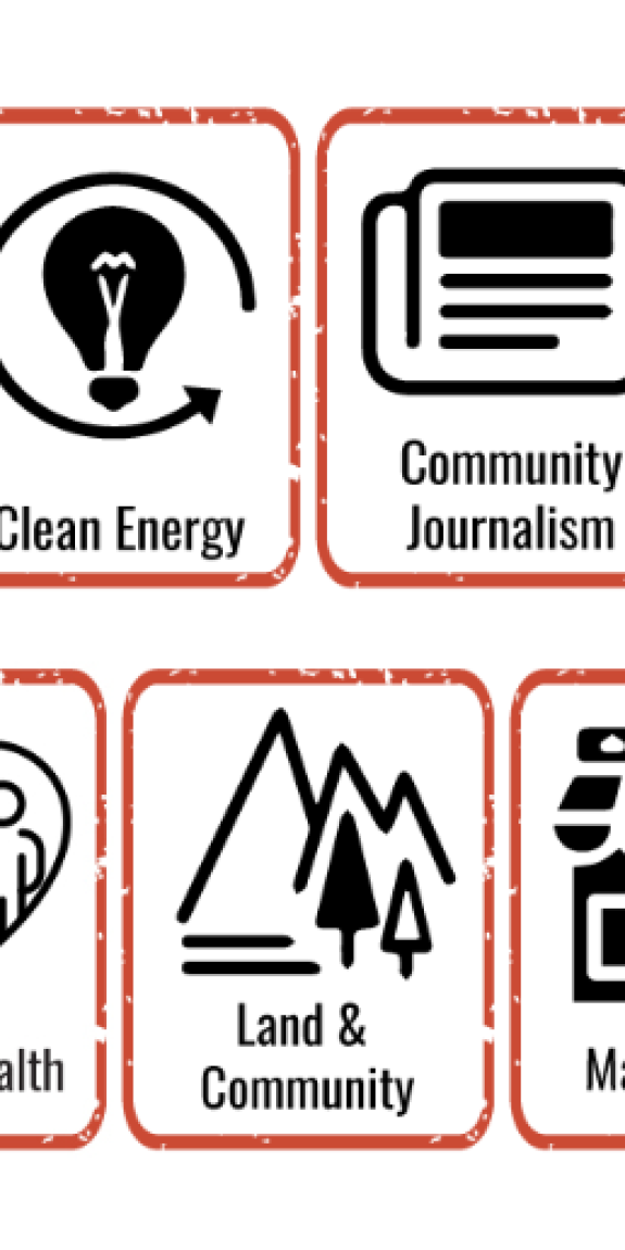Icons show topics like community journalism, entrepreneurship, clean energy and arts and culture