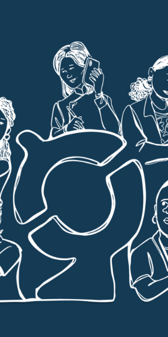 Five reporters hold different tools for reporting like cameras, phones, and notebooks 