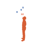 A person looks up at floating numbers 5, 6, 8, and 10