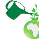 A watering pan waters a globe with an outline of Africa showing