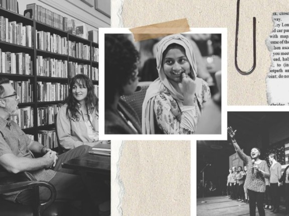 Snapshots of people speaking are on a virtual bulletin board