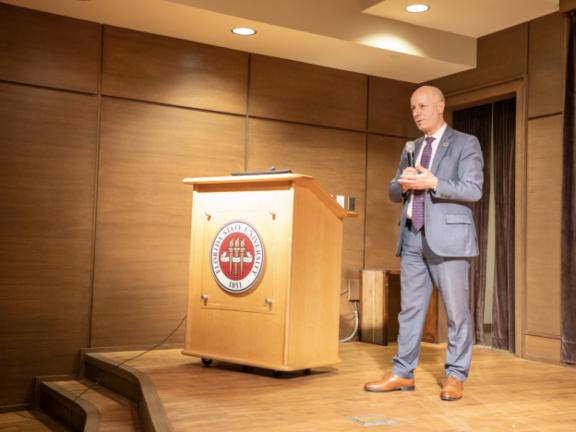 Mr. Maher Nasser speaks in Florida in Jan 2025. Credit: Sophia Ferraro/FSU.