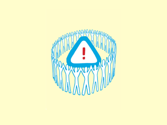 A circle of people surround an alarm symbol