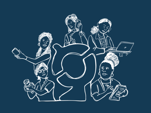 Five reporters hold different tools for reporting like cameras, phones, and notebooks 