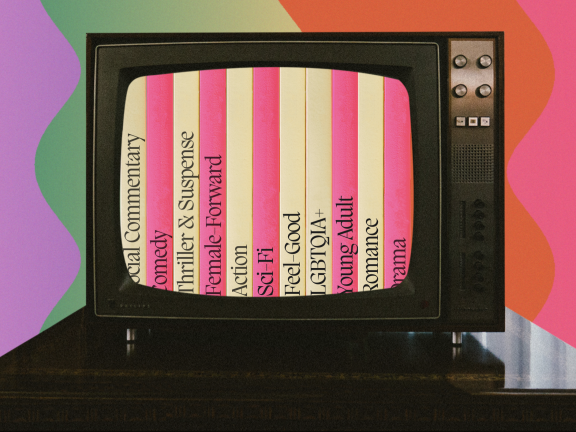 A television screen shows the names of TV and movie genres like comedy, action, and sci-fi