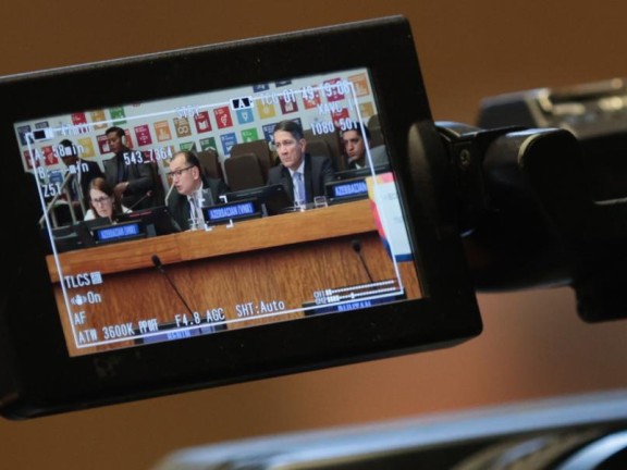 A video camera records speakers on a UN panel