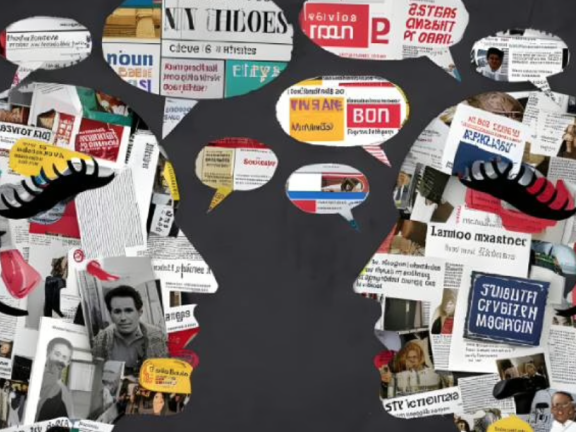 Two people are in conversation, their profiles covered in news headlines