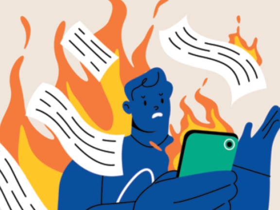 An illustration shows a man scrolling on his phone surrounded by news on fire