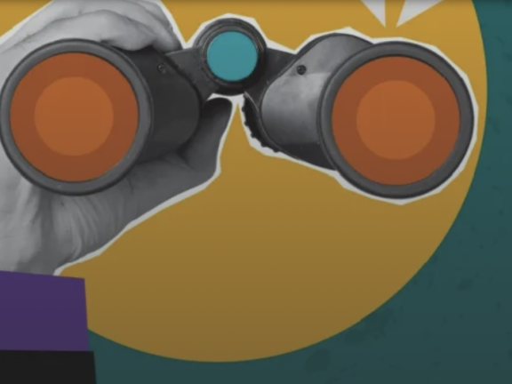 Illustration of a hand holding binoculars