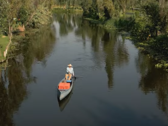 A boat sails through calm waters