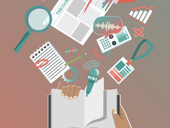Resources and tools float out of the pages of a book