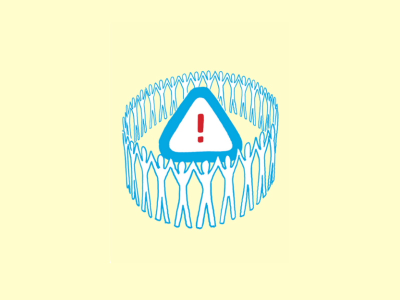 A circle of people surround an alarm symbol