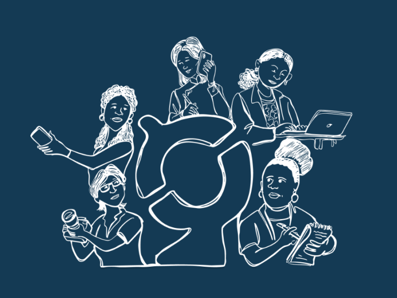 Five reporters hold different tools for reporting like cameras, phones, and notebooks 