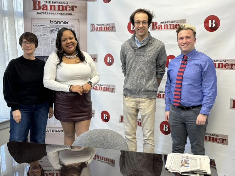 Fara Warner (Executive Director) and Ethan Brown (Training Program Coordinator) visit the Bay State Banner in Boston during the first cohort to help put Metcalf’s training into practice. Credit: Metcalf Institute