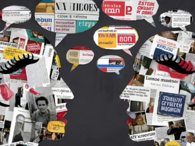 Two people are in conversation, their profiles covered in news headlines