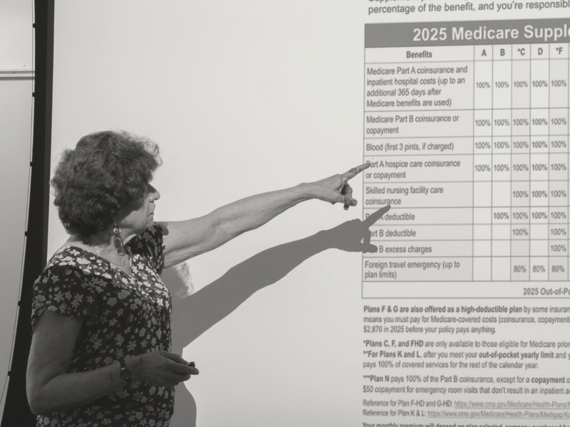 A woman points to a presentation showing Medicare supplement plans