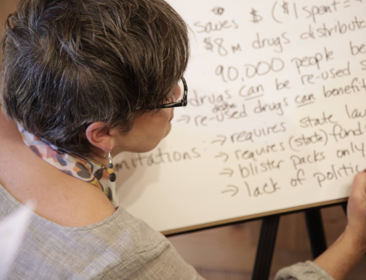 Woman writes on a poster