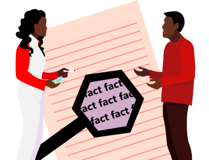 Illustration of two people talking with a paper with the word "Fact" written on it