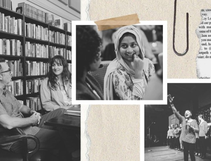Snapshots of people speaking are on a virtual bulletin board