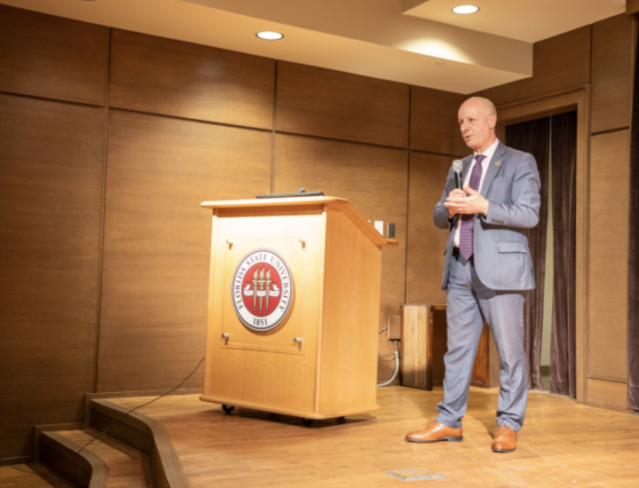 Mr. Maher Nasser speaks in Florida in Jan 2025. Credit: Sophia Ferraro/FSU.