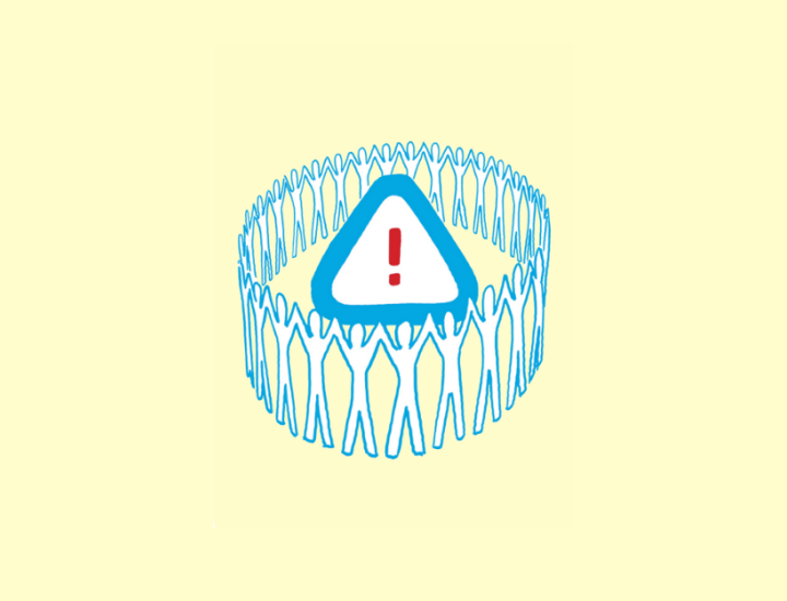 A circle of people surround an alarm symbol