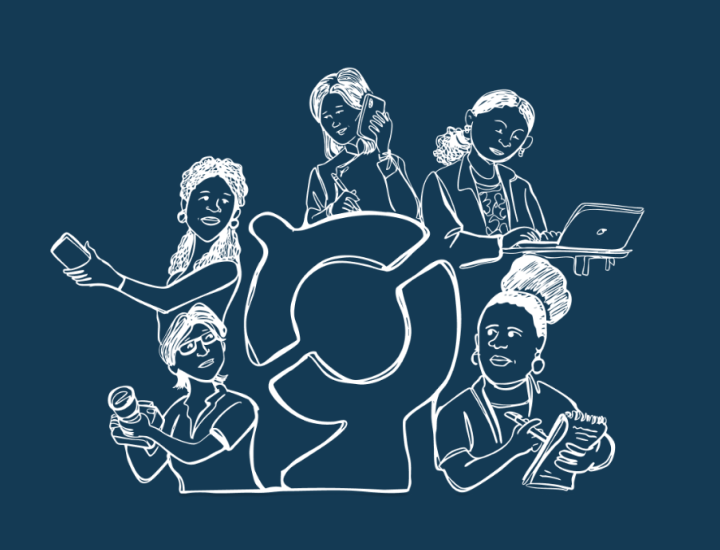 Five reporters hold different tools for reporting like cameras, phones, and notebooks 