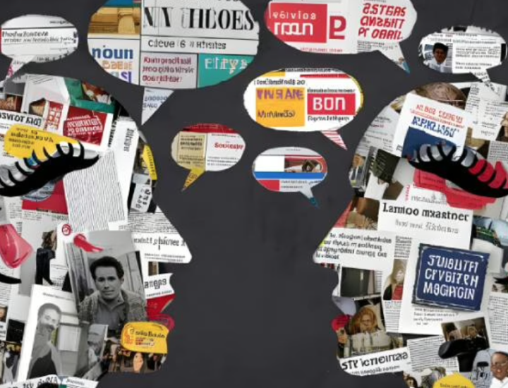 Two people are in conversation, their profiles covered in news headlines