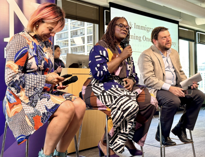 Medill Midwest Solutions Journalism Hub Director Deborah Douglas moderates a 2025 Medill Summer Summit panel discussion. Photo by Chris Mertes 