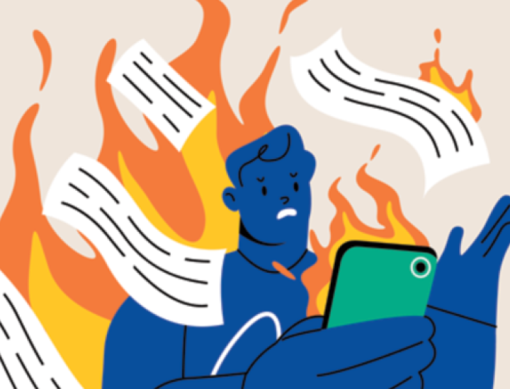 An illustration shows a man scrolling on his phone surrounded by news on fire