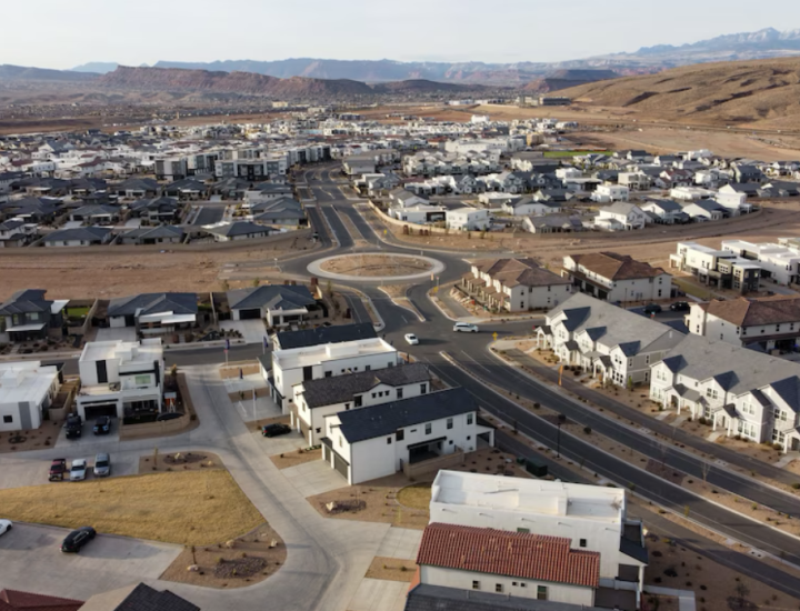 (Jud Burkett | Special to The Tribune) A variety of homes and condominiums in various states of construction near the Arizona-Utah state line in St. George, Thursday, March 20, 2025. A moderate-income housing program is intended to result in more housing options and variety like this neighborhood and more affordability to households earning 80% or less in the state’s biggest cities and counties.