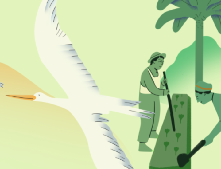 Illustration of birds and people working with the land