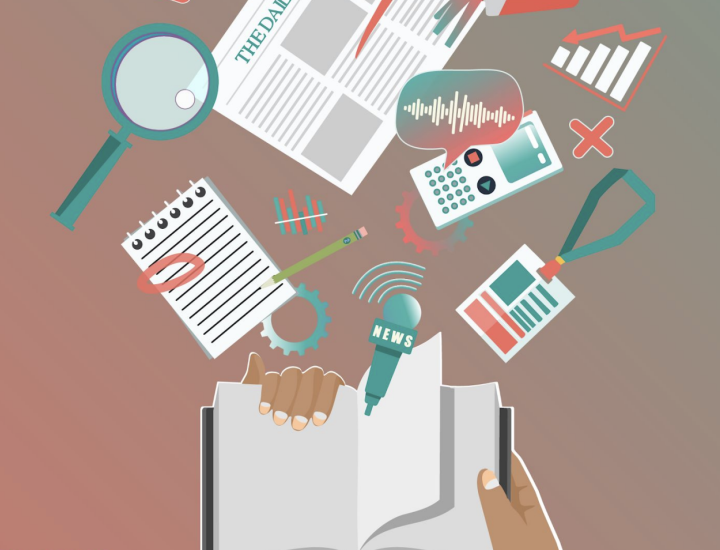 Resources and tools float out of the pages of a book