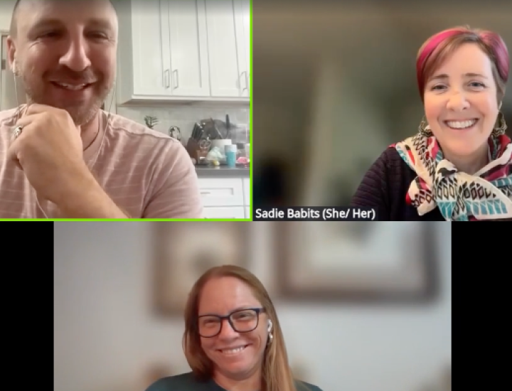 Three people smile in a Zoom webinar