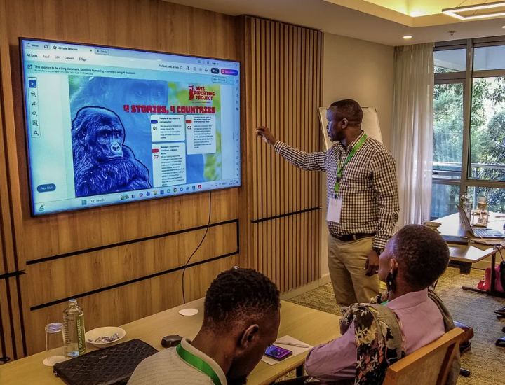 A man points to a presentation